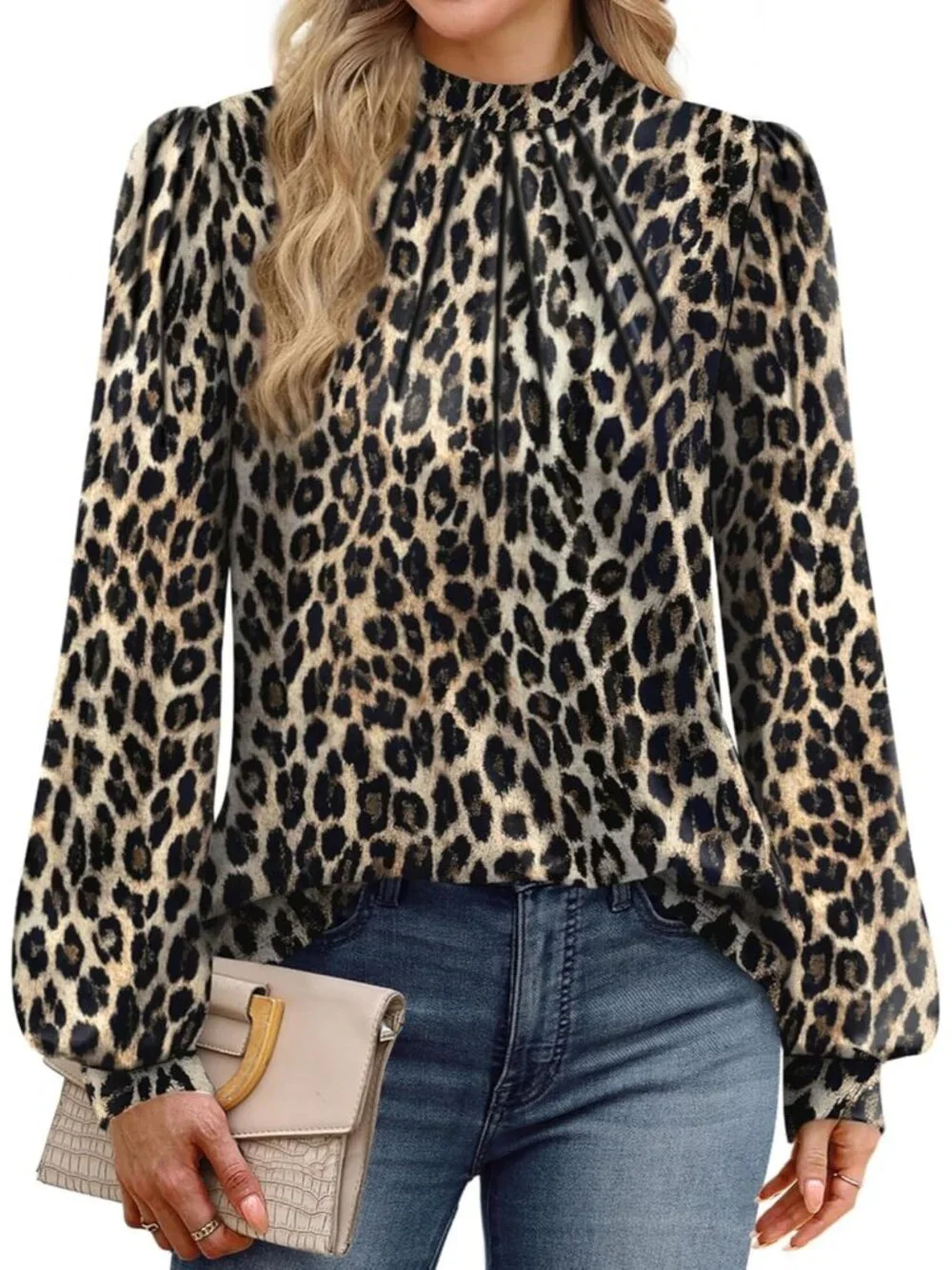 Women's Black Beige Long Sleeve Shirt Pleated Front Blouses Dressy Mock Neck Top